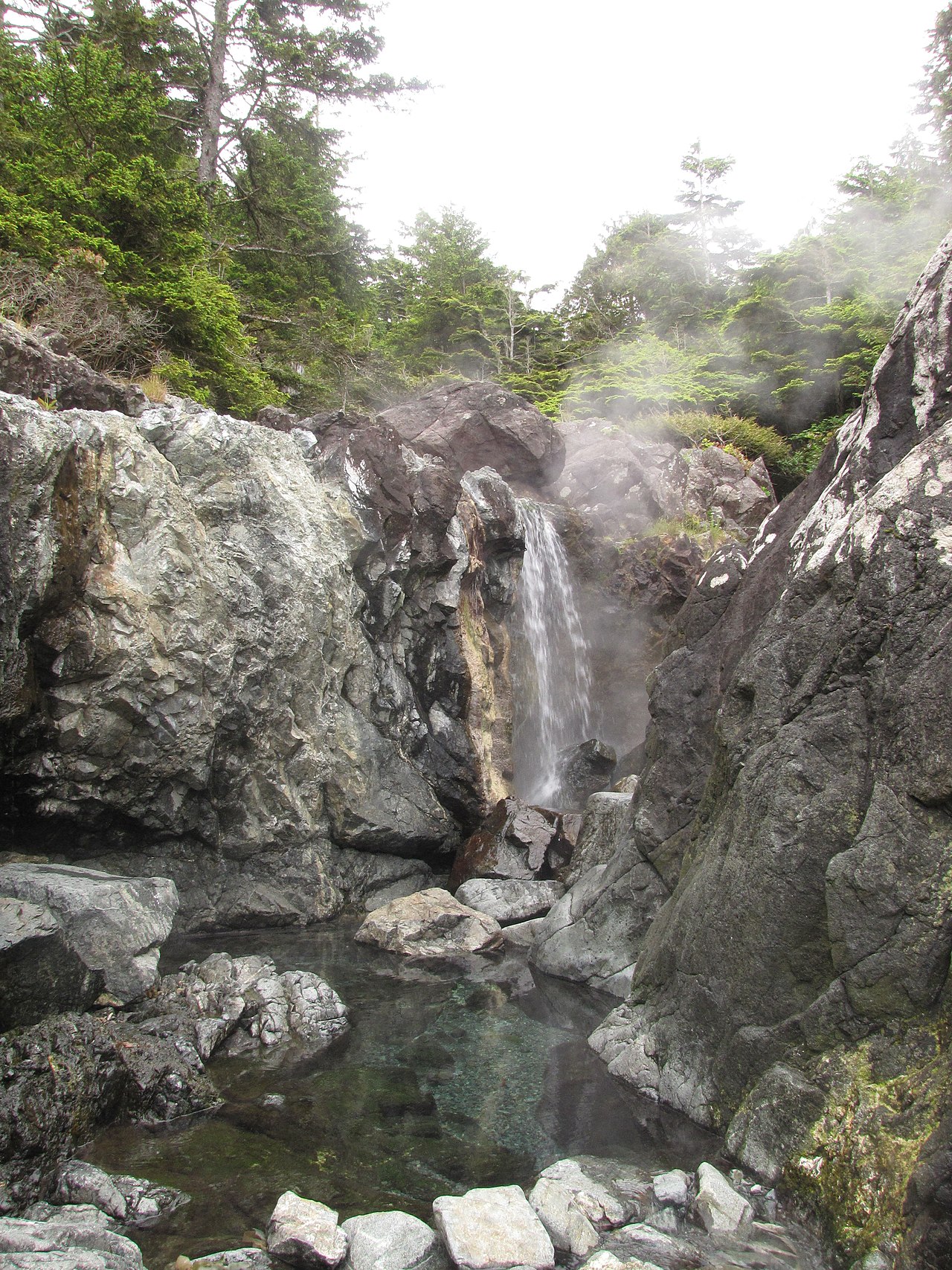 Travellers soaking in hot spring pools